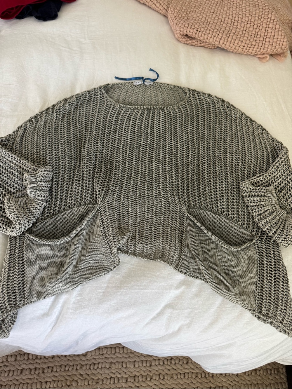 Tempo Paris Cropped Open-Knit Pocket Sweater - Light Gray